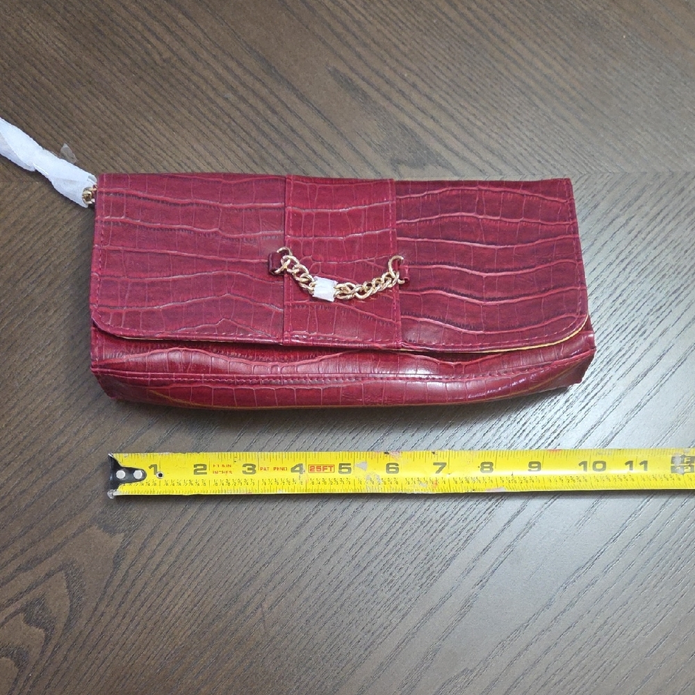 Avon Red Crocodile-Pattern Clutch Or Wristlet with Gold Chain